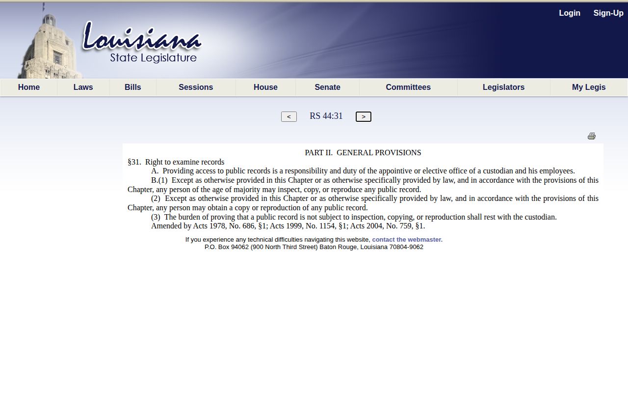 Louisiana public records law for Cameron Parish release records